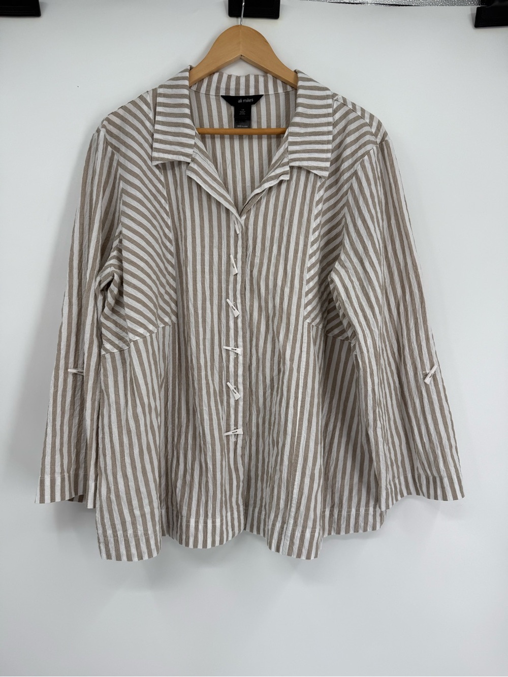 Ali Miles Top Button Up Striped Cotton Blend Shirt Size 1X Roll Tab Women beach - Picture 10 of 10